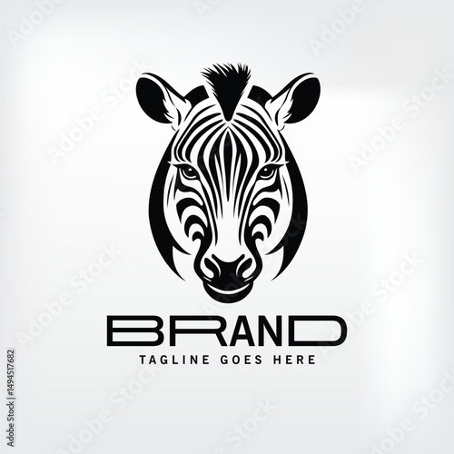 Zebra head logo design for a brand in a modern style. Stylized zebra head graphic in black and white on a plain background.