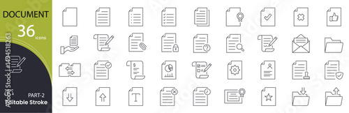 Document icon set. Office and file related line icons. paper, report, contract, file, folder, certificate, ID, clipboard, archive, form, checklist and more. Editable stroke. Vector illustration.