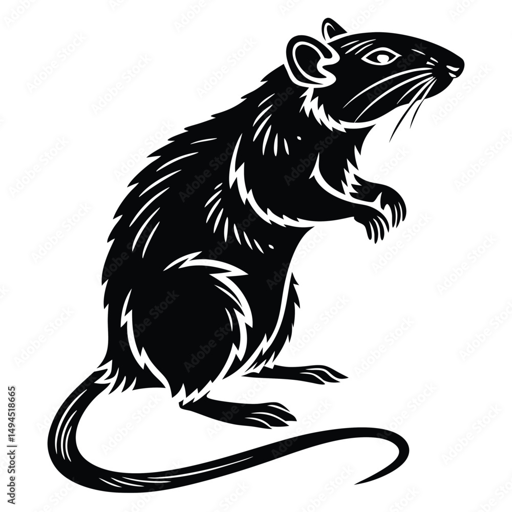 Obraz premium Black and White Rat Standing Rodent with Detailed Fur Silhouette Style