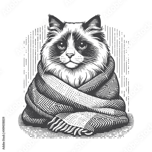 Vintage Hand-Drawn Ragdoll Cat Wrapped in Blanket Illustration – Cozy Feline Engraved Style Vector for T-Shirts, Posters, Stickers, and Pet Lover Apparel
