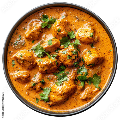 Dairy-free butter chicken with coconut cream isolated on a white background.