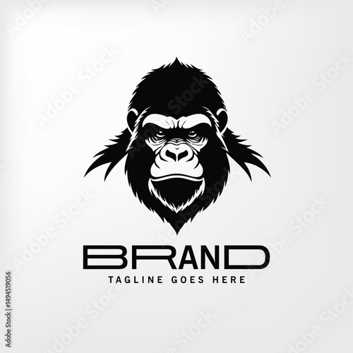 Gorilla head logo design with blank space for brand name and tagline. Bold, powerful image with neutral background.