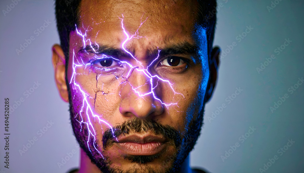 A man's face with a lightning bolt effect across his features. A man's face with a lightning bolt effect across his features.