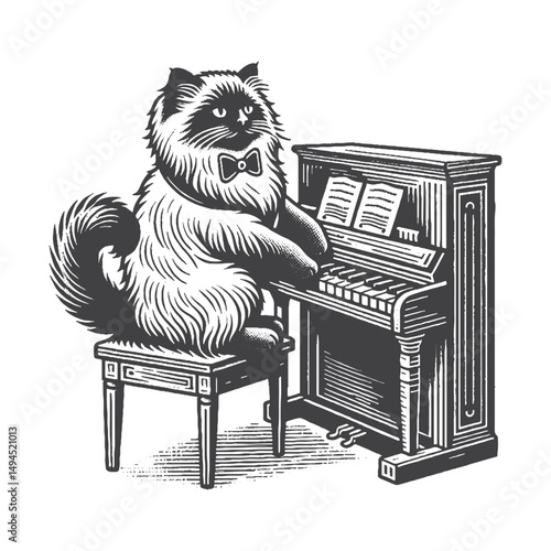 Vintage Hand-Drawn Ragdoll Cat Playing Piano Illustration – Musical Feline Engraved Style Vector for T-Shirts, Posters, Stickers, and Music Lover Apparel