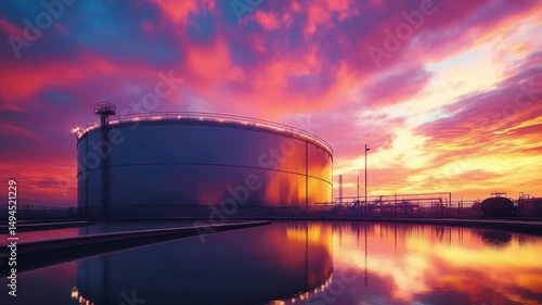 Industrial Dawn: A massive industrial storage tank stands against a vibrant, painted sky. Reflections dance across the tranquil water