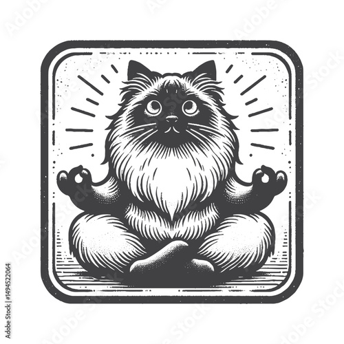 Vintage Hand-Drawn Ragdoll Cat Meditating with Calm Expression Illustration – Peaceful Feline Engraved Style Vector for T-Shirts, Posters, Stickers, and Mindfulness Apparel