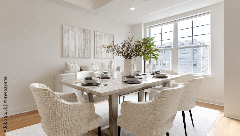 Chic and modern dining room with a simple table, contemporary chairs, and clean decor. Chic and modern dining room with a simple table, contemporary chairs, and clean decor.