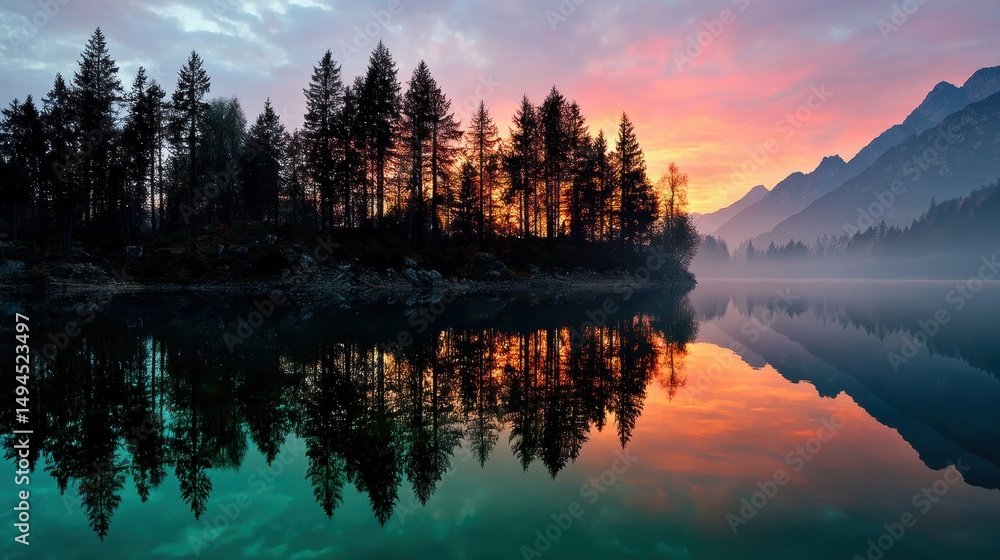 Fototapeta premium Tranquil Mountain Lake Reflection at Dawn: Majestic Peaks & Vibrant Sky