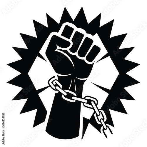 Raised Fist Breaking Chains Silhouette with Starburst Isolated on White Backdrop
