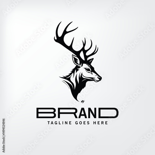Black and white stylized deer head logo design for a brand with a tagline area.