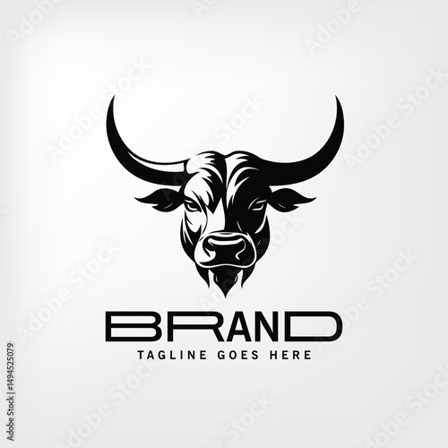 Black and white graphic illustration of a bull's head, featuring strong, stylized horns and a determined expression. Powerful animal portrait with brand name and tagline.
