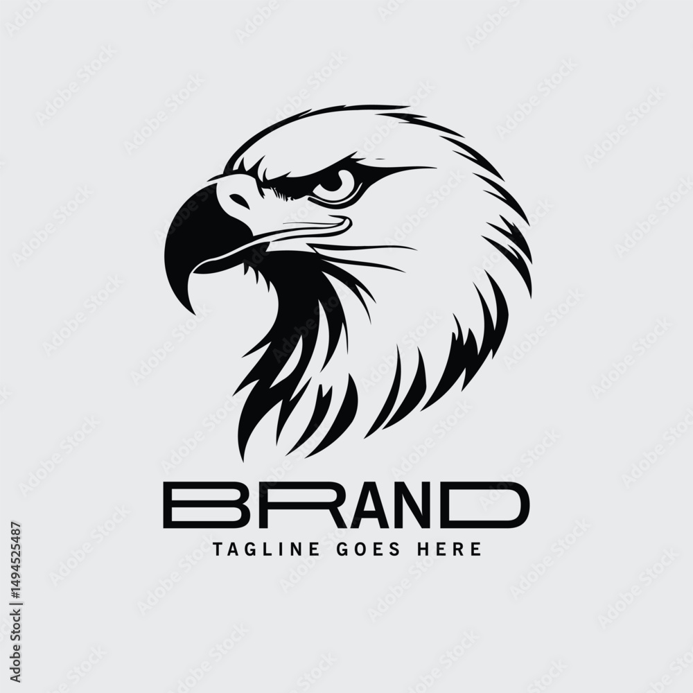 Fototapeta premium Black and white graphic of an eagle head, profile view, with a bold, stylized design.
