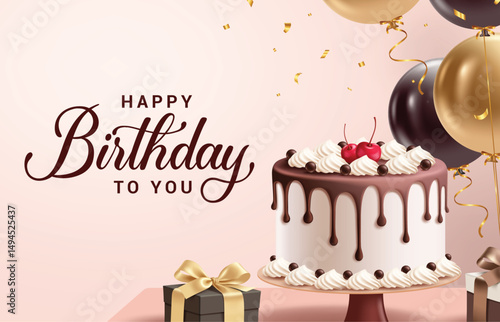 Happy birthday greeting card clipart card. Birthday text wishes clip art with chocolate cake, balloons and gift box decoration elements for elegant invitation card template vector illustration. 
