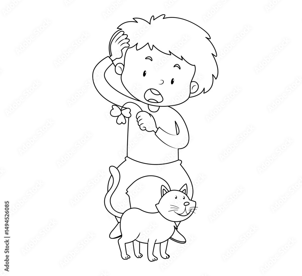 Little Boy with cute Cat Vector Hand Drawing Art Little Boy with cute Cat Vector Hand Drawing Art