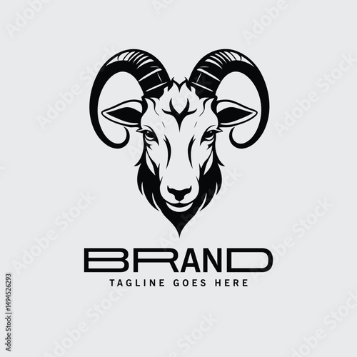 Black and white stylized ram head logo design. Detailed illustration of a ram's head with intricate horn and facial details.