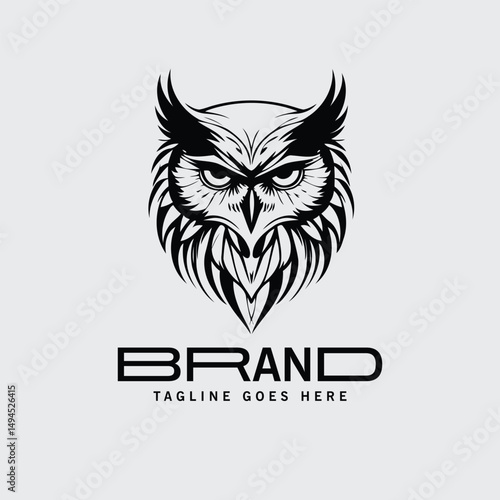 Owl logo design for a brand in a simple, bold graphic style. Intense owl head illustration in black and white on a plain background.