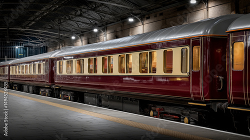 Luxury Train Carriage at Station: An elegant and beautifully maintained vintage train carriage is presented inside a grand station, exuding a sense of old-world charm and luxurious travel.