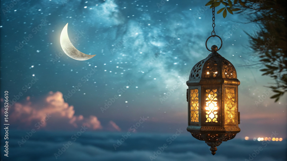 Traditional Islamic lantern glowing under night sky with crescent moon and stars, symbolizing Ramadan or Eid celebration Traditional Islamic lantern glowing under night sky with crescent moon and stars, symbolizing Ramadan or Eid celebration