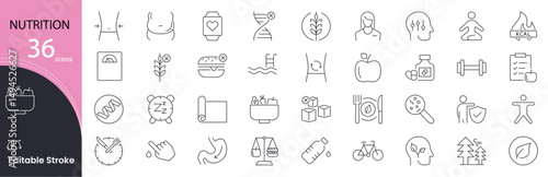 Nutrition icon set. Health and food related line icons. vitamins, minerals, balanced diet, nutrients, meal plan, organic food, calorie, protein, fruits and vegetables  Editable stroke. 
