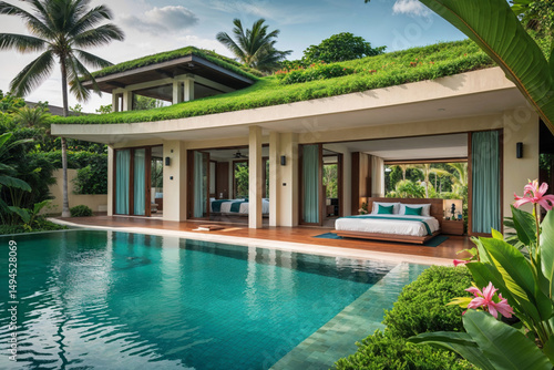 Wallpaper Mural A stunning villa with a bedroom overlooking an inviting swimming pool and lush greenery. Torontodigital.ca