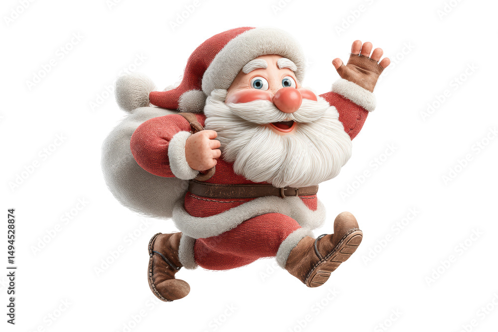 PNG Cheerful cartoon santa claus running with gift bag in red suit PNG Cheerful cartoon santa claus running with gift bag in red suit