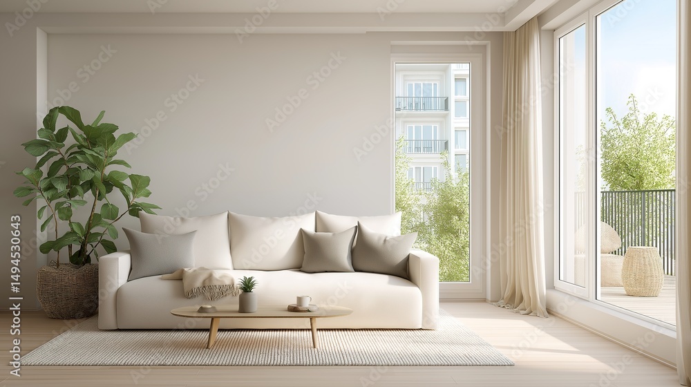 Bright minimalist living room with clean modern furniture and soft natural light, embodying serene Scandinavian simplicity. Bright minimalist living room with clean modern furniture and soft natural light, embodying serene Scandinavian simplicity.