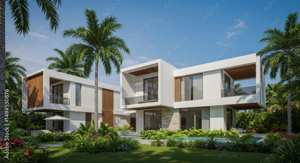 Fototapeta premium Modern Tropical Villa Design - Luxury beachfront villa with stunning architecture, private pool, and lush landscaping. Ideal for vacation rentals or high-end living