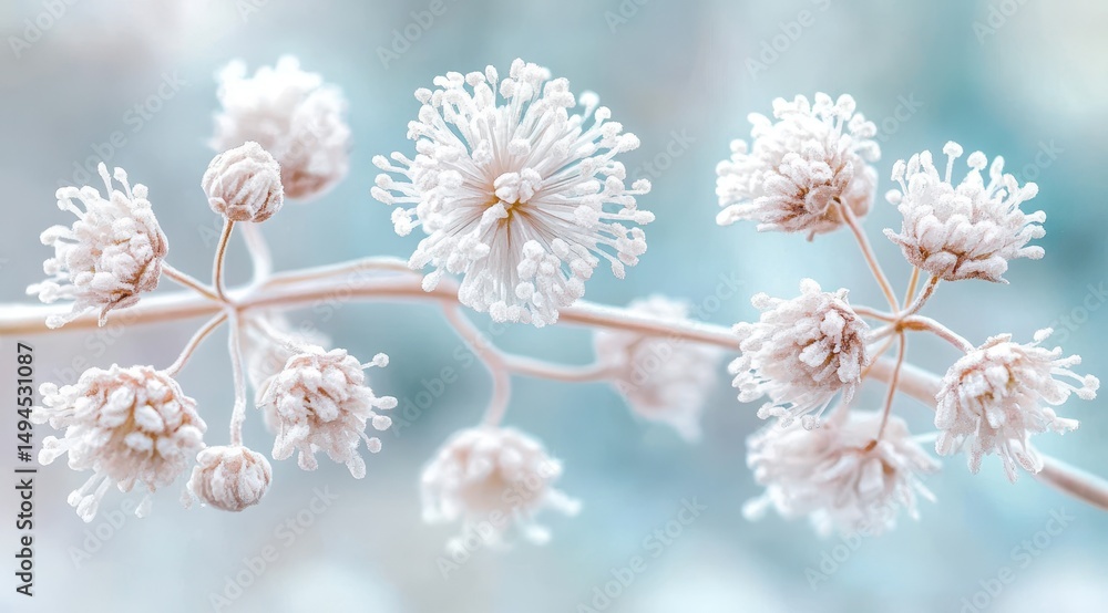 Delicate off-white flower clusters on slender stems against a soft, blurred blue-green background Delicate off-white flower clusters on slender stems against a soft, blurred blue-green background