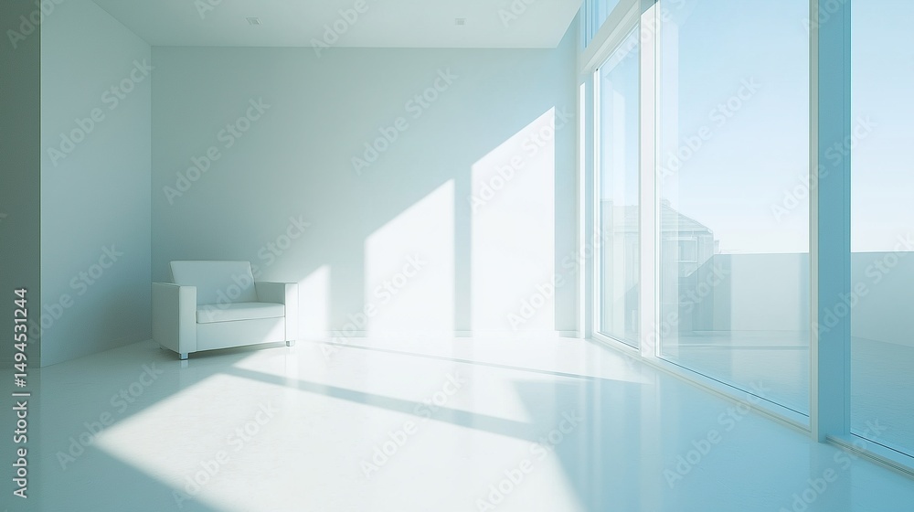 Fototapeta premium Bright minimalist living room with clean modern furniture and soft natural light, embodying serene Scandinavian simplicity.