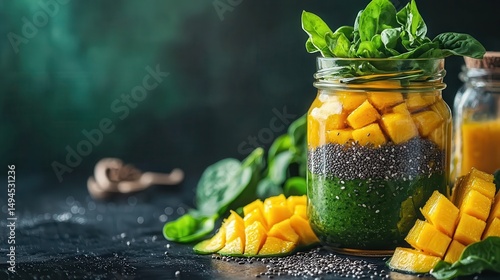 Delicious Layered Mango Spinach Chia Seed Pudding in a Jar