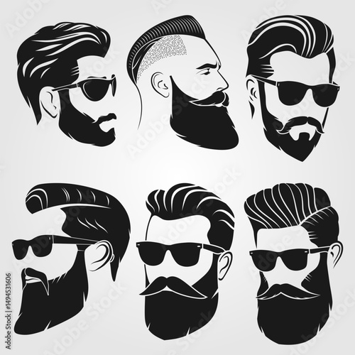 Set of vector bearded men faces hipsters. Fashion silhouette, emblem, icon, label. Vector illustration