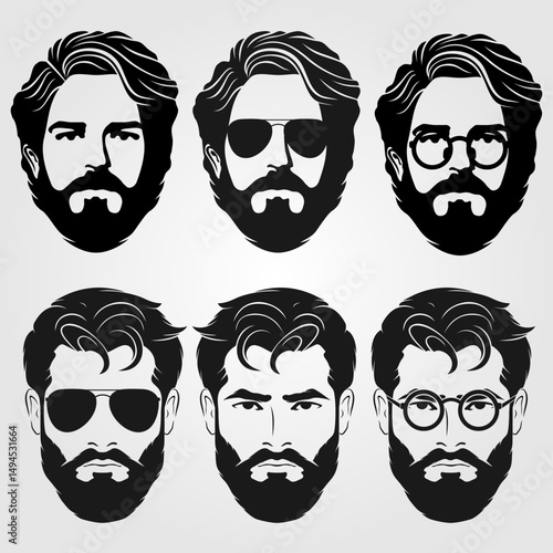 Set of vector bearded men faces hipsters. Fashion silhouette, emblem, icon, label. Vector illustration
