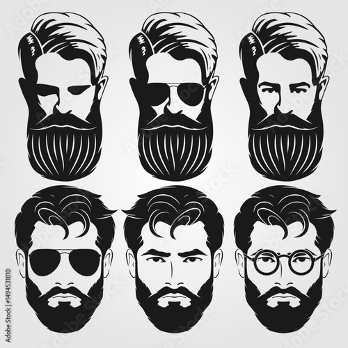 Set of vector bearded men faces hipsters. Fashion silhouette, emblem, icon, label. Vector illustration