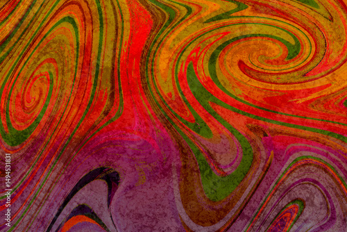 2つの大きな渦のあるマーブル模様 赤やオレンジや紫や緑