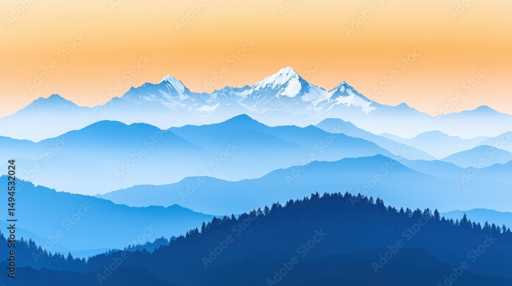 Fototapeta premium Earth Day Concept. This image captures a breathtaking mountain landscape at sunrise, showcasing layers of blue fog against majestic snow-capped peaks. A serene scene for nature lovers.