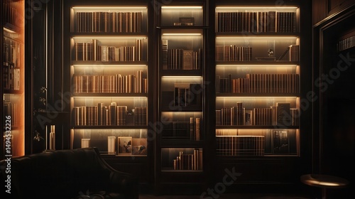 Serene Library Interior Warm Lighting Bookshelves and Comfortable Seating