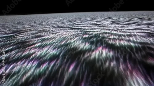 Abstract ocean water waves surface with iridescent and colorful glints under a dark sky, motion blur and perspective
