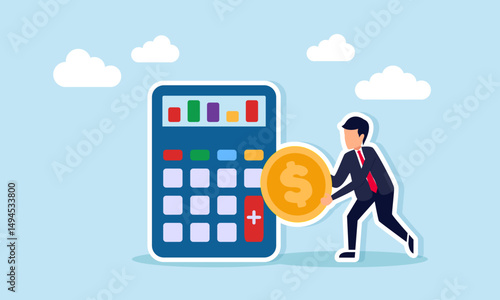 Businessman holding dollar coin next to calculator showing chart illustration of calculation and business finance decision prediction