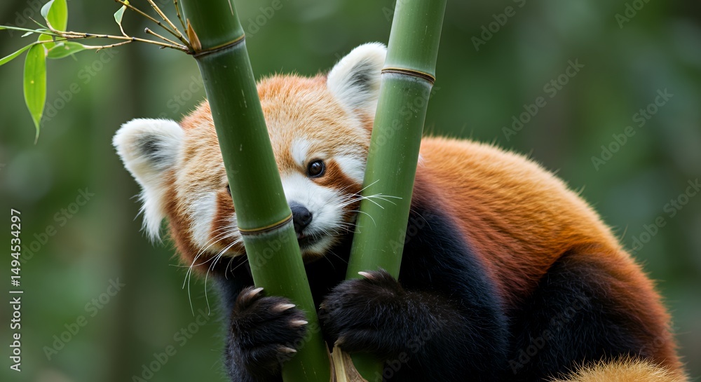 Fototapeta premium Adorable Red Panda Clinging to Bamboo