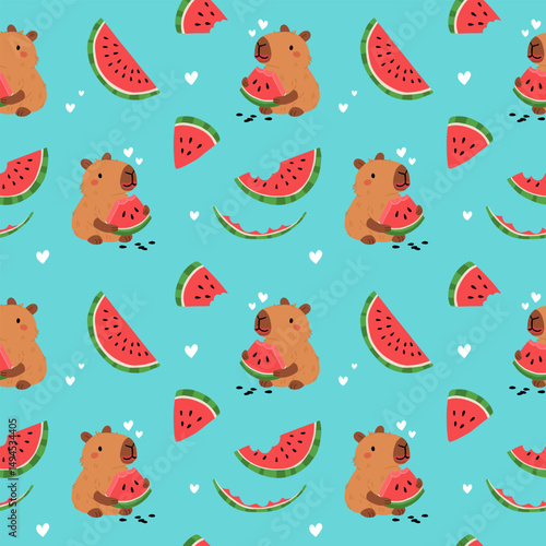 Cute capybaras and watermelons seamless pattern. Flat vector cartoon illustration. Summer background.