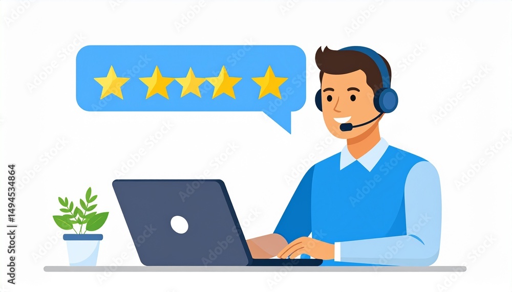 Flat design vector. Customer support worker in headset is having conversation Flat design vector. Customer support worker in headset is having conversation