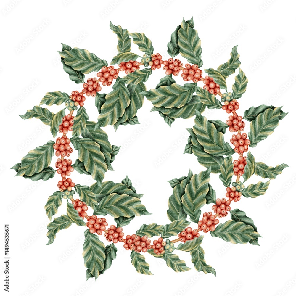 Fototapeta premium Watercolor illustration of a coffee branch with red berries and green leaves wreath. Associated with coffee and tropical plants. Suitable for printing on packaging, postcards, for social networks