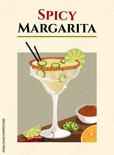 Spicy Margarita with Ingredients Illustration: Vintage Mexican Cocktail with Jalapeño