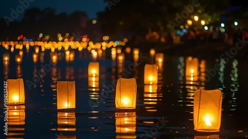 Glowing floating lanterns on dark water at night.  Peaceful, serene atmosphere.