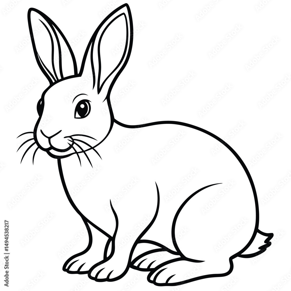 Obraz premium Outlined Rabbit Sitting Isolated, Cartoon Hare with Long Ears, Whiskers, Cute Animal