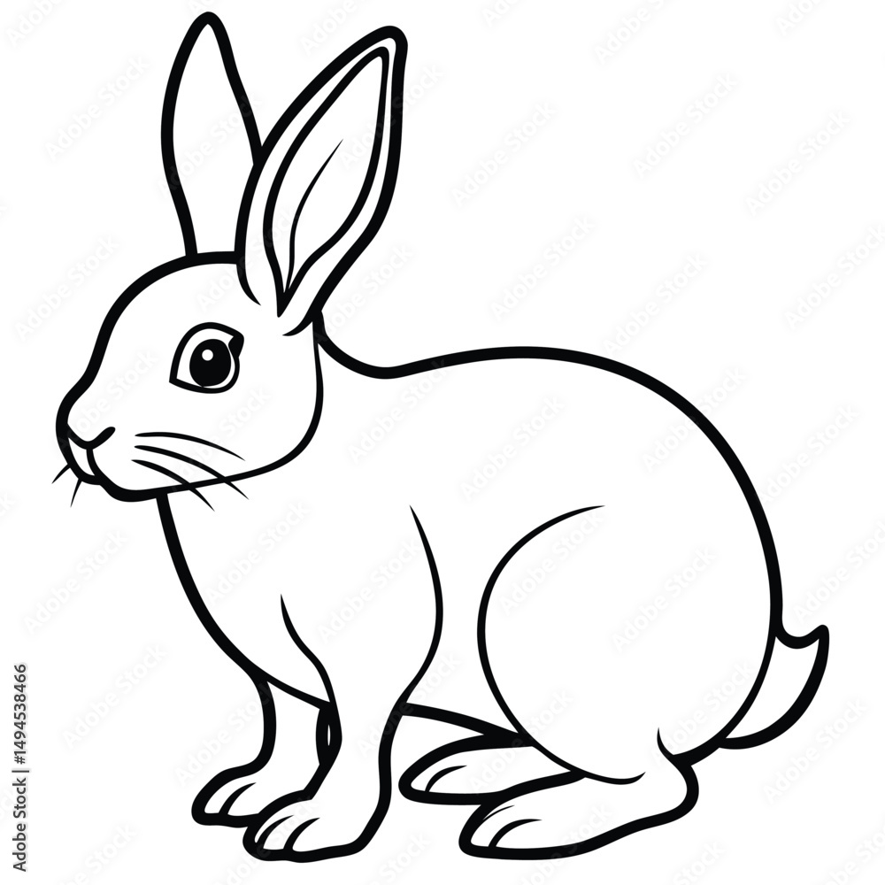 Outline of a Cute White Rabbit with Long Ears, Line Art on White Outline of a Cute White Rabbit with Long Ears, Line Art on White