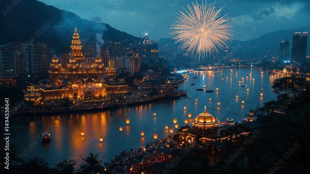 Fototapeta premium Spectacular Nighttime Fireworks over Illuminated Cityscape