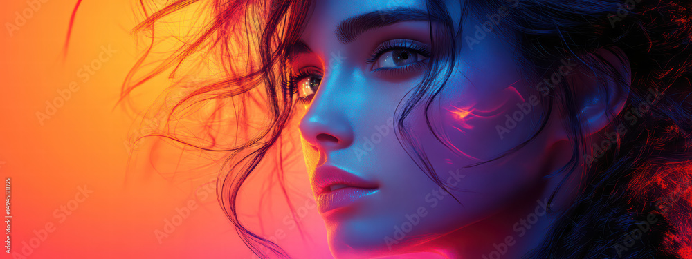 Fototapeta premium Portrait of ethereal beauty with striking use of light and color. The image captures a young woman's face, illuminated by vibrant neon hues.
