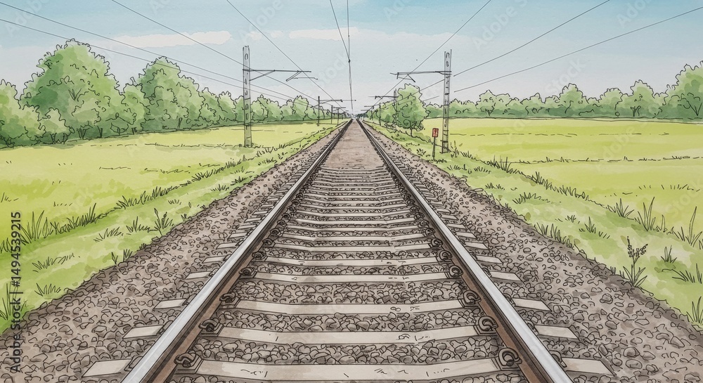 Fototapeta premium Tranquil Railway Line - Serene landscape view of a railway track extending towards a horizon, bordered by lush greenery and fields