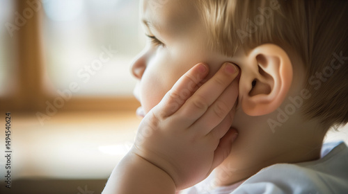 Toddler covering his ears with painful expression in pediatric clinic, concept of childhood illness and earache, child suffering from infection or pain in doctor's office